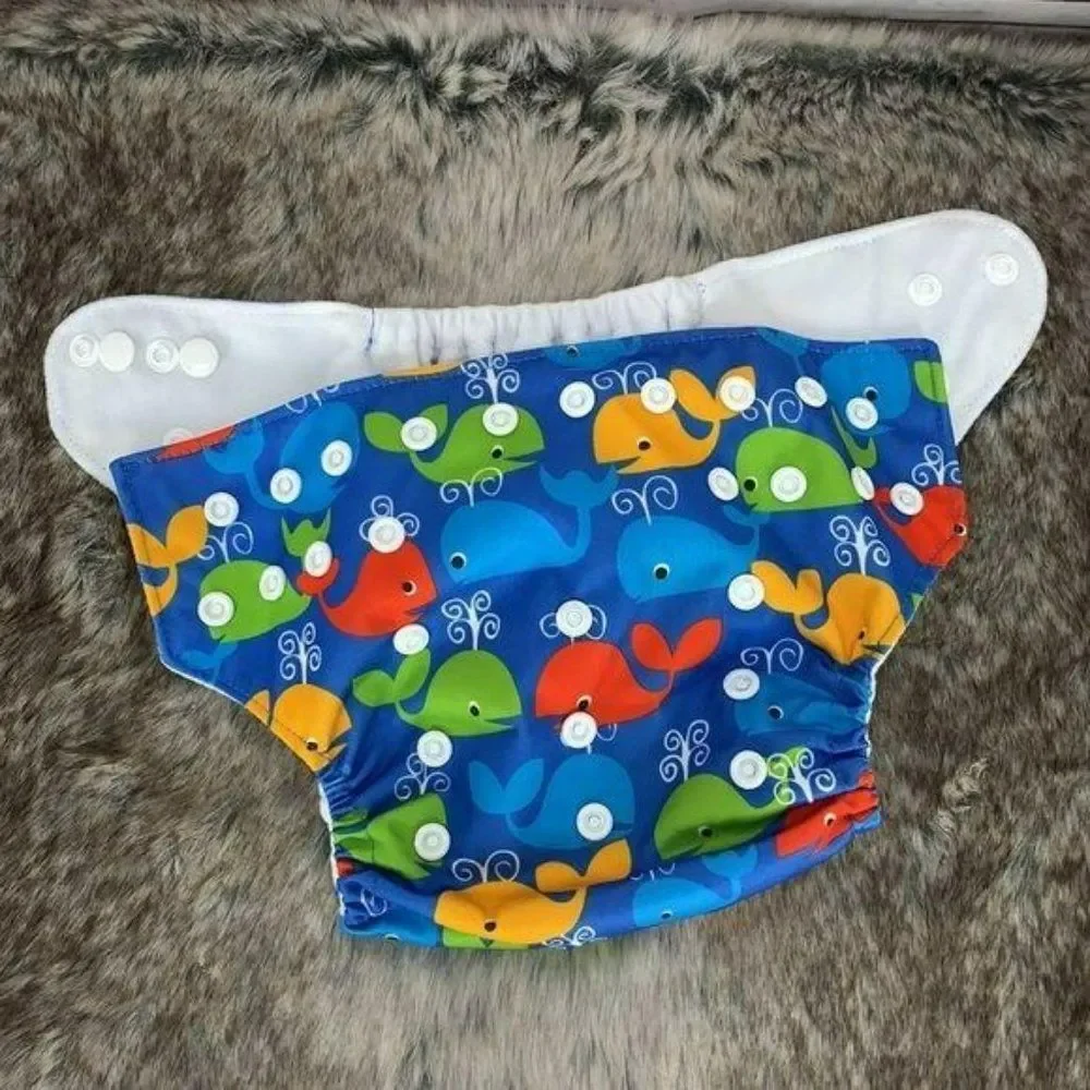 OhBabyKa Boys Girls Blue Colorful Whales‎ Snap Cloth Cover Diaper Adjustable